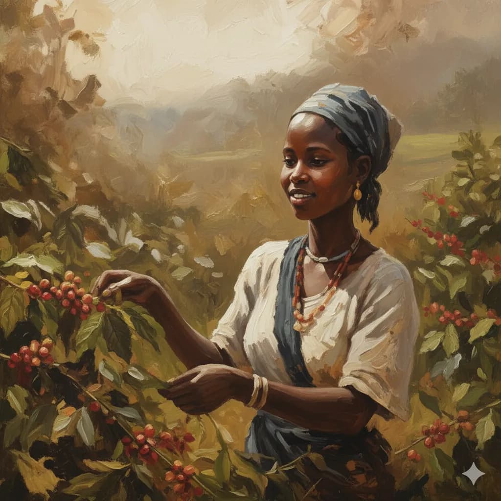 Ethiopian woman harvesting coffee cherries in the highlands